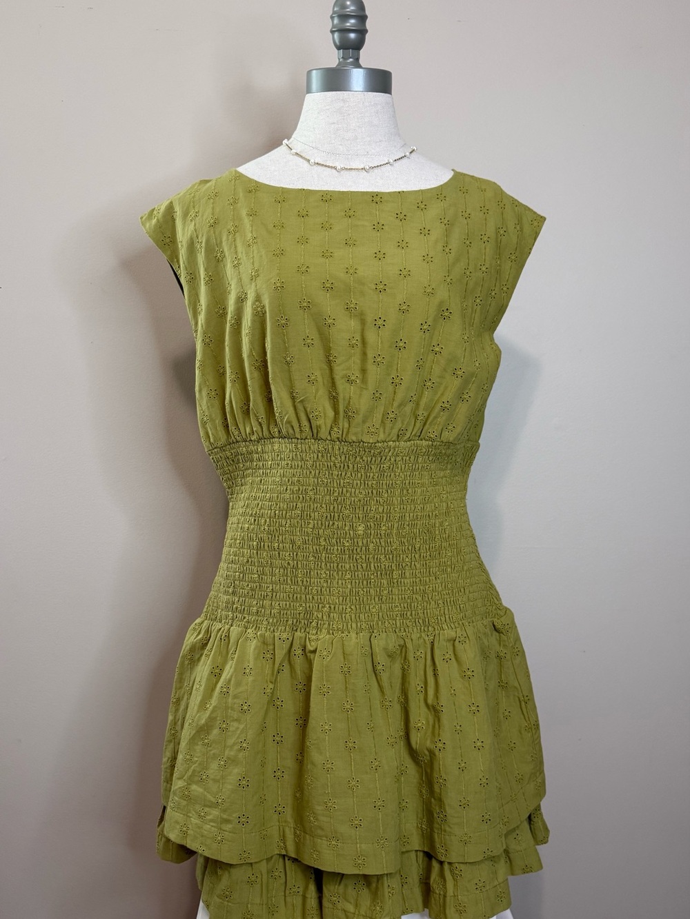 Le Lis Olive Eyelet Smocked Mini Dress Large NWT Boutique Brand